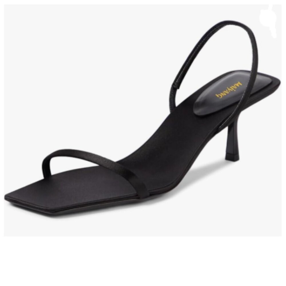 Maiyang Black Open Square Toe Slingback Satin Elastic Backstrap Mid Heel Sandals